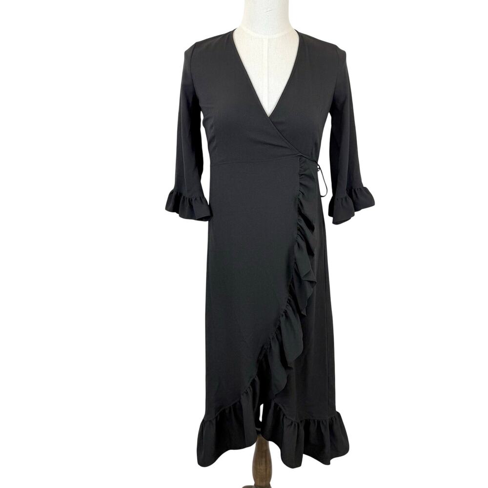 GANNI Clark Wrap Midi Dress Ruffle Trim 3/4 Sleeves Black Size 34 (US 2) NWT